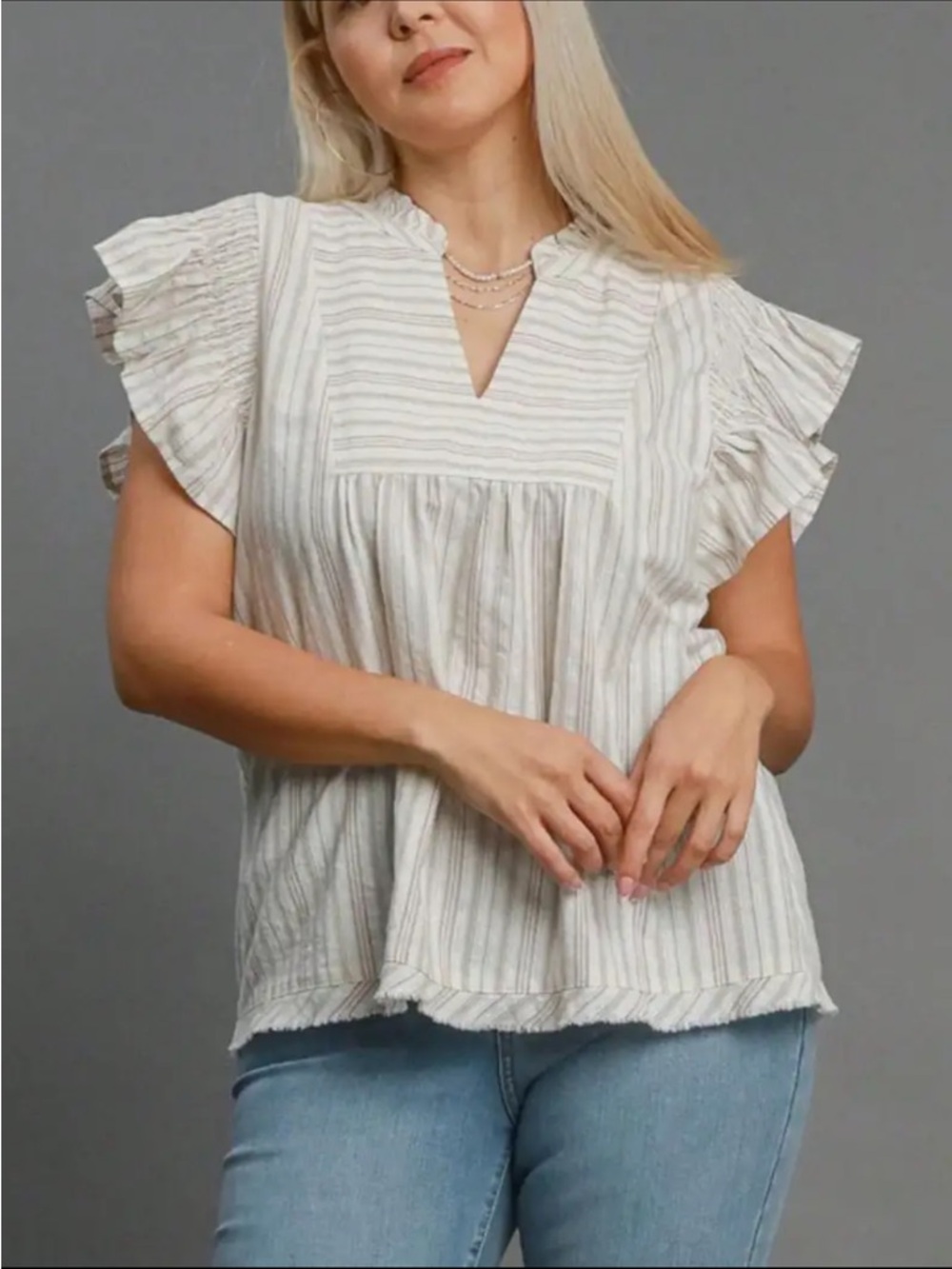 Umgee Cream Striped Ruffle Sleeve V-Neck Blouse